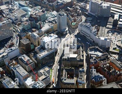 aerial view of City Square, Leeds from the north west looking down Infirmary Street & Quebec Street towards the Station Stock Photo