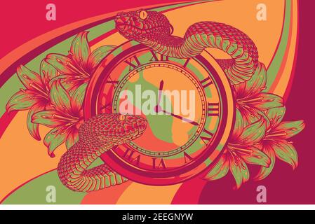 Vector Pocket Watch with snake and Flower Stock Vector