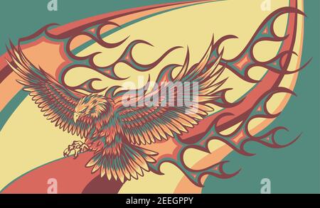 vector illustration of eagle with flames on colored background Stock Vector