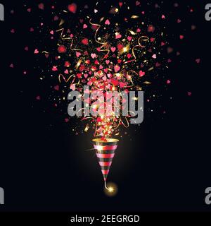 exploding firecracker with gold confetti and red hearts on a black background Stock Vector