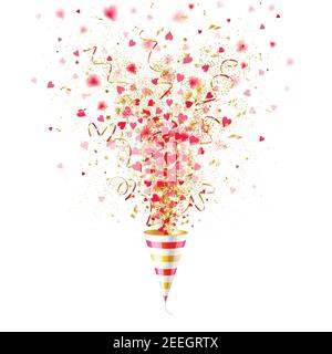 explosion party popper with red hearts on white background Stock Vector