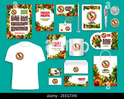 Fruit company vector identity icons templates set of corporate branding promo stationery supplies t-shirt apparel, business card, flag or mug and badg Stock Vector