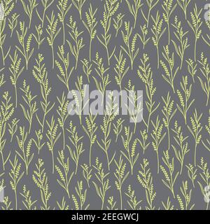Vector herbs and flowers seamless pattern. Wild grass color silhouettes background. Stock Vector