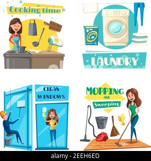 Home cleaning, cooking and laundry. Vector woman cook at kitchen with dishware of saucepan and tableware utensils, washing machine and linen, man clea Stock Vector