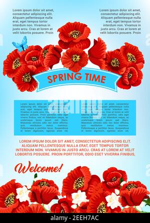 Spring time flowers vector poster design of blooming poppy flourish wreath and cherry blossom branches. Greeting springtime holiday wishes and quotes Stock Vector
