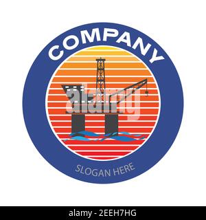 Drilling rig company logo. Offshore oil platform badge in circle. Oil and gas industry vector illustration design Stock Vector