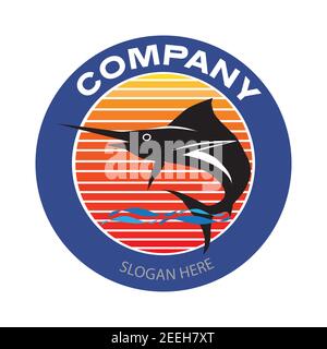 Blue Marlin with sunset background logo. Sword fish fishing emblem for business and sport club. Vintage or retro style vector and illustration badge d Stock Vector