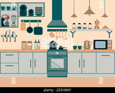 colorful kitchen flat style with lot of details interior grey blue beige pink Stock Vector