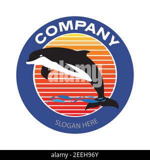 Diving jumping dolphin with sunset background logo. Vintage or retro style vector and illustration for business or sport club badge design elements. Stock Vector