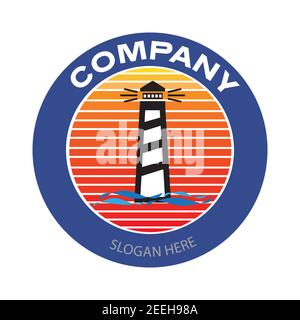 Lighthouse coastal beach business logo. Vintage or retro style company badge in circle. Vector illustration design Stock Vector