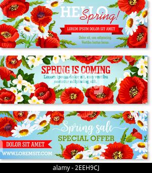 Spring flowers sale special offer banners set with blooming springtime poppy, daisy bouquets and crocus blossom in green garden lawn. Vector floral bu Stock Vector