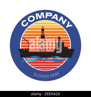 Drilling ship company logo. Oil platform cargo ship badge in circle. Oil and gas industry vector illustration design Stock Vector