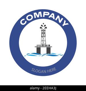 Drilling rig company logo. Offshore oil platform badge in circle. Oil and gas industry vector illustration design Stock Vector