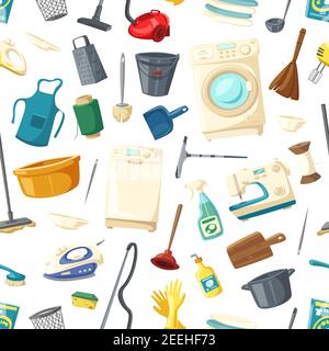 Home cleaning, cooking and laundry seamless pattern, Vector kitchen dishware and utensils, washing and sewing machine, detergent or duster scoop and w Stock Vector