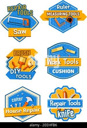 Home repair and construction service company icons set. Vector isolated symbols of carpentry saw, ruler measure or DIY toolbox of paint brush, hammer Stock Vector