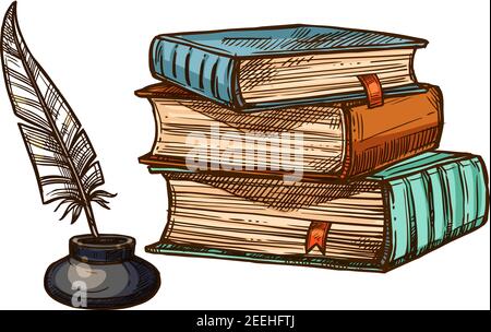 Old books stack and feather quill pen in inkwell. Vector isolated sketch symbols of retro or antique writing stationery of brown rough book with bookm Stock Vector