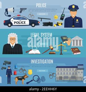 Police, legal system and investigation banners set. Vector design of policeman car, sheriff badge, fingerprint in magnifier and investigator dog, hand Stock Vector