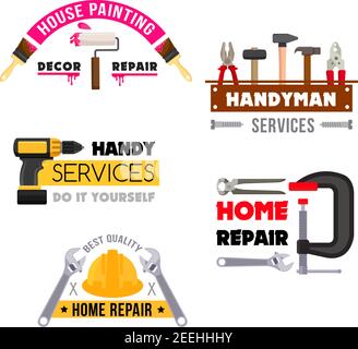 Handyman work tools icons set for home repair service or company. Vector isolated handy toolbox of house fix instruments, paint brush, screwdriver or Stock Vector