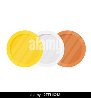 Coin icon set. Gold, silver and bronze coins. Medals colection. Vector illustration isolated on white. Stock Vector