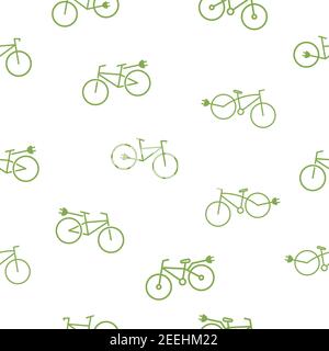 Seamless pattern with electric bike. Geen eco bicycle with plug background. Flat line vector illustration isolated on white Stock Vector