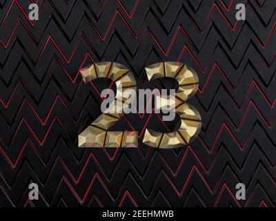 Number twenty-three (number 23) made from gold bars on dark background with cuts and glow of red neon lines. Front view. 3D illustration Stock Photo