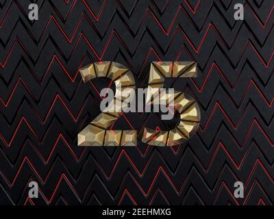 Number twenty-five (number 25) made from gold bars on dark background with cuts and glow of red neon lines. Front view. 3D illustration Stock Photo