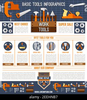 Home repair work tools infographics or landing page template. Vector house finishing design and painting instruments of paint brush, screwdriver or wr Stock Vector