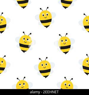 Seamless pattern with flying bees. Vector cartoon black and yellow bees isolated on white background. Stock Vector