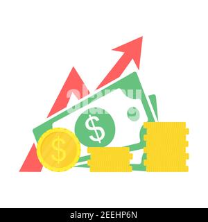 Retirement money with arrow. Dollar and coin symbol. Business success strategy concept. Vector illustration isolated on white. Stock Vector