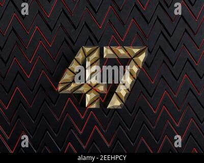 Number forty-seven (number 47) made from gold bars on dark background with cuts and glow of red neon lines. Front view. 3D illustration Stock Photo