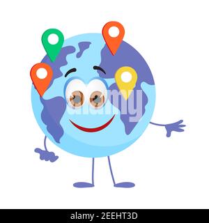 Funny travel objects collection: Funny Earth Globe on white background, flat design vector illustration Stock Vector