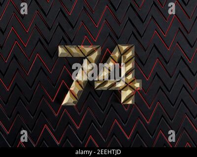 Number seventy-four (number 74) made from gold bars on dark background with cuts and glow of red neon lines. Front view. 3D illustration Stock Photo