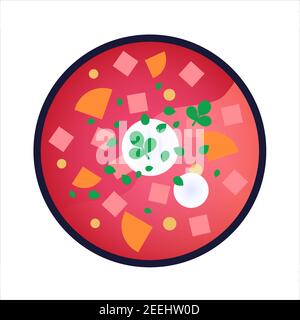 Borscht - slavic beet soup with sour cream. Isolated vector illustration on white background. Traditional russian cuisine. Authentic russian food dish Stock Vector