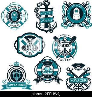 Nautical seafarer, voyager and vintage vessels emblems with anchors, helms,  lighthouse, captain cap, compass and tridents framed by shield, ropes, cha  Stock Vector Image & Art - Alamy