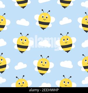 Seamless pattern with flying bees. Vector cartoon black and yellow bees with clouds isolated on blue background. Stock Vector