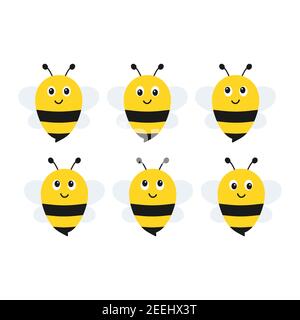 Cute bee character set. Group cartoon happy bees icon. Vector illustration isolated on white Stock Vector