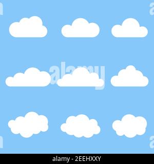 Cloud set icon. White clouds element. Weather symbol. Vector isolated on blue Stock Vector