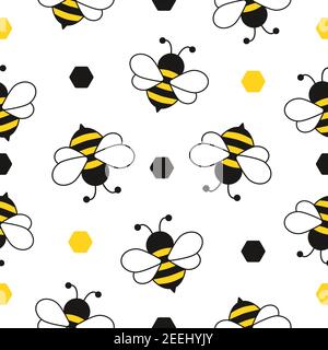Seamless pattern with flying bees. Vector cartoon black and yellow bees isolated on white background. Stock Vector