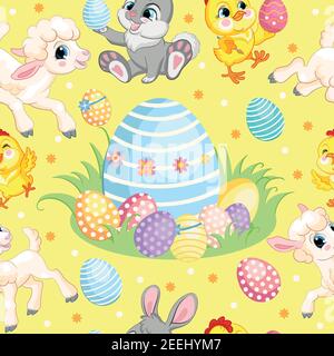 Seamless vector pattern with Easter concept. Lambs, bunnies, chickens and big easter egg. Colorful illustration isolated on yellow background. For pri Stock Vector
