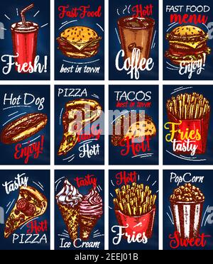 Fast food menu cards or posters for fastfood restaurant. Vector templates of soda, coffee drink, cheeseburger or hamburger, hot dog or pizza and tacos Stock Vector