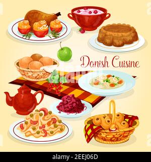 Danish cuisine healthy lunch dishes cartoon icon. Fish pasta and red cabbage salad, rice pudding with cherry sauce, chicken with stuffed tomato, chick Stock Vector