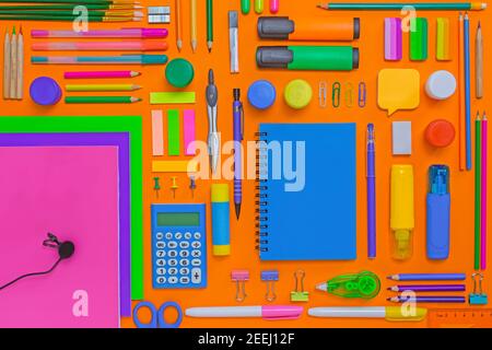 School office supplies. Education concept. Bright flat lay Stock Photo
