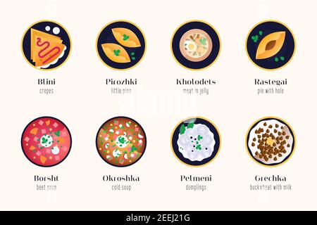 Traditional russian cuisine - set of isolated illustrations. Russian food dishes with authentic names and translate. Taste of Russia - stickers, icons Stock Vector