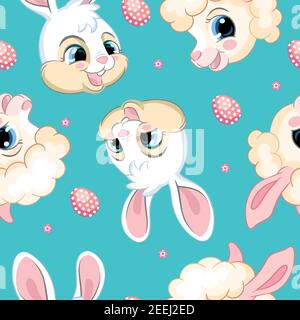 Seamless vector pattern with Easter concept. Heads of cute white bunnies and pretty lambs. Colorful illustration isolated on turquoise background. For Stock Vector