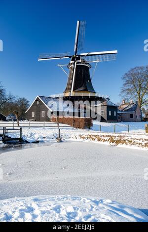 Pelmolen Ter Horst, Rijssen covered in snowy landscape in Overijssel Netherlands, historical wind mill during winter with white landscape. wooden old windmill in Holland Stock Photo