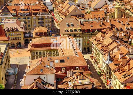 Aerial view of details of Bern old town, Switzerland, UNESCO World Heritage Site since 1983 from Cathedral bell tower. Cityscape of medieval houses Stock Photo