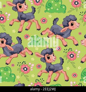 Seamless vector pattern with cartoon characters Cute black lambs and flowers. Colorful illustration isolated on green background. For print, t-shirt, Stock Vector