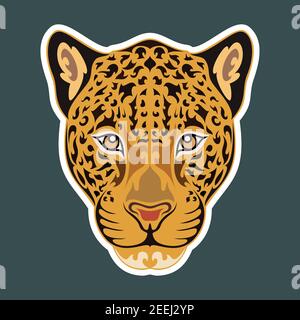 Hand drawn abstract portrait of a leopard/jaguar. Sticker. Vector stylized colorful illustration isolated on dark background. Stock Vector