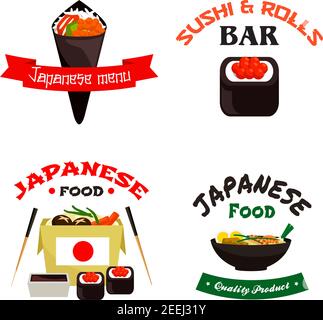 Japanese and asian food isolated icon set. Sushi roll and temaki sushi with rice, fish, seafood noodle in takeaway paper box with chopsticks, soy sauc Stock Vector