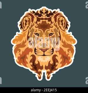 Hand drawn abstract portrait of a lion. Sticker. Vector stylized colorful illustration isolated on dark background. Stock Vector